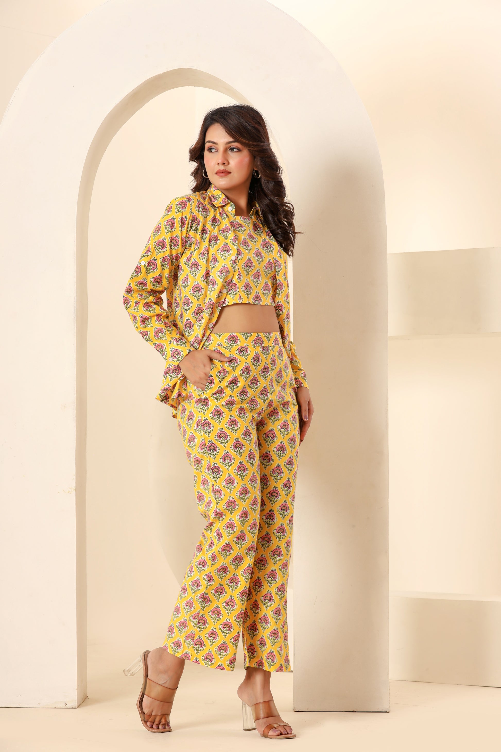 Side look of amber color coord set