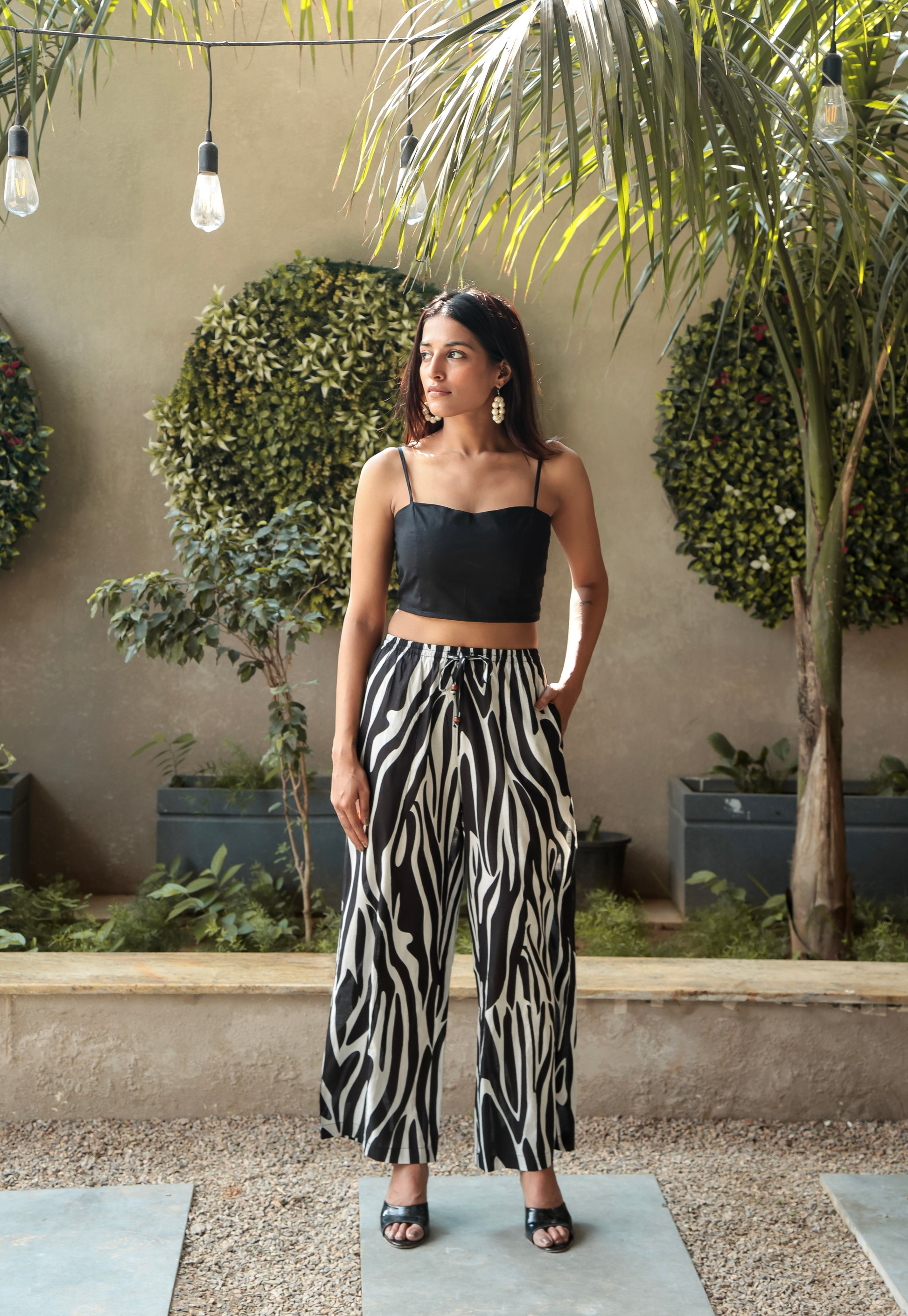 Full view 2 piece look of Black & White Striped Coord Set