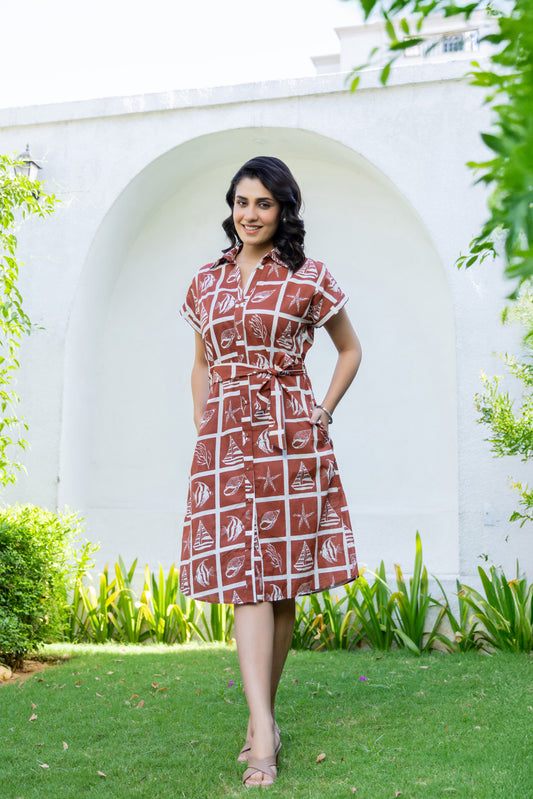 Brown Beach Print Cotton Dress