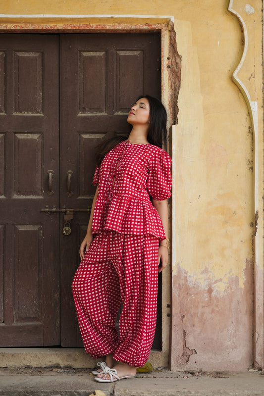Cherry Gingham Peplum Top With Balloon Pants