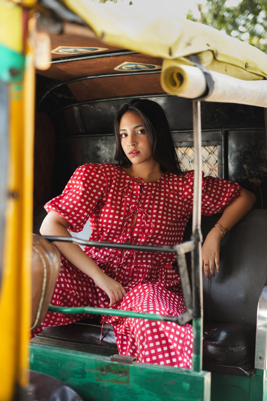 Cherry Gingham Peplum Top With Balloon Pants