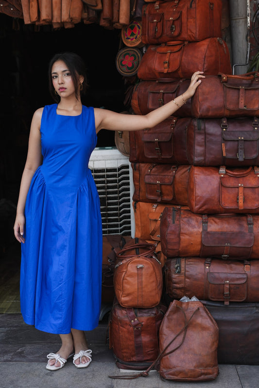 Azure Ease – Blue Poplin Cotton Midi Dress