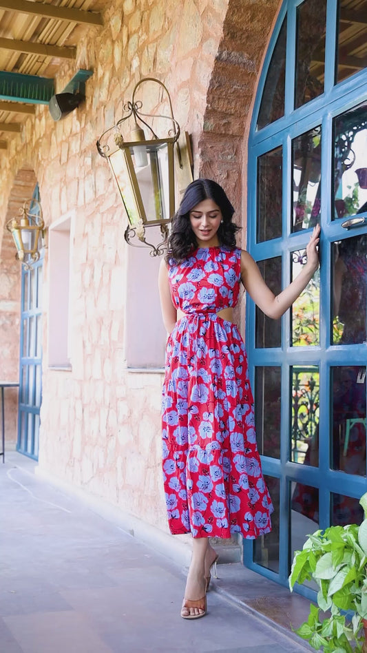 Red And Blue Floral Cotton Maxi Dress