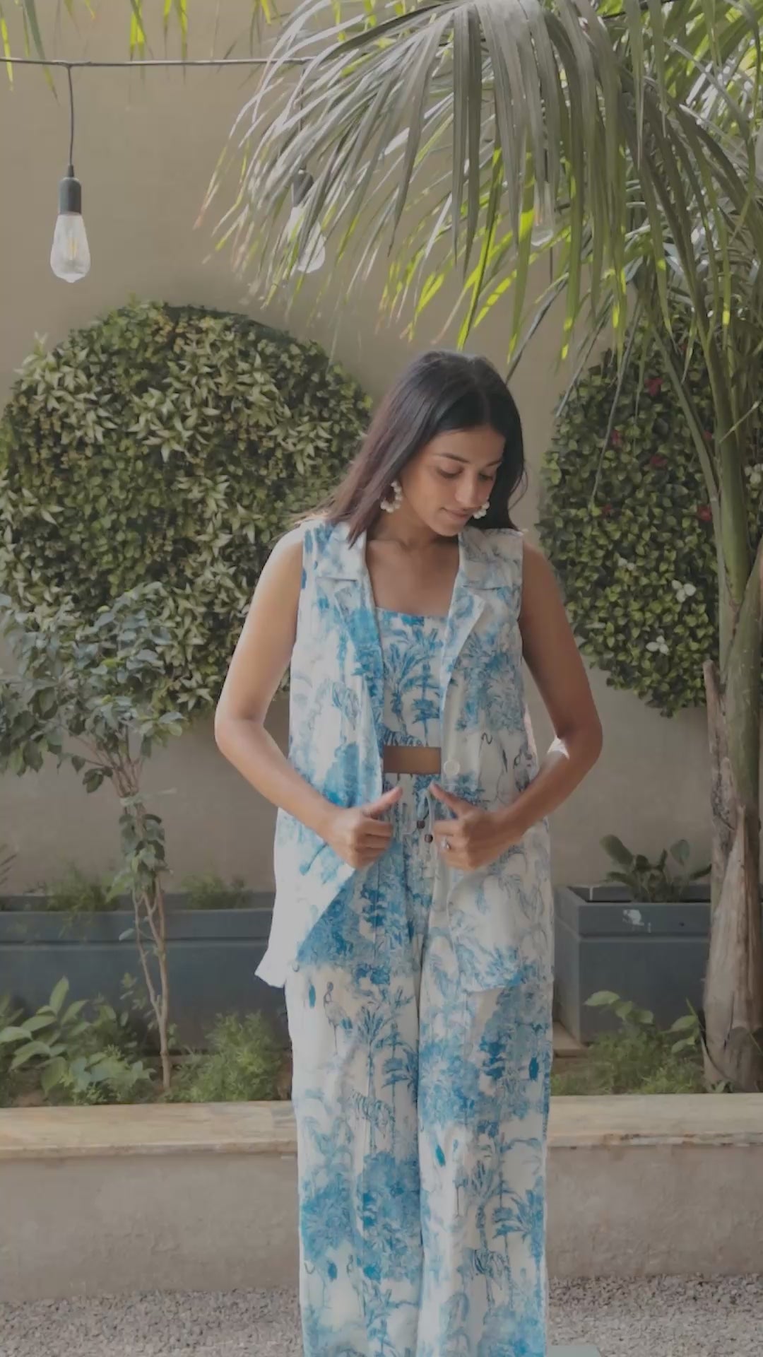 White & Blue Tropical Safari Print Cotton 3-Piece Co-ord Set