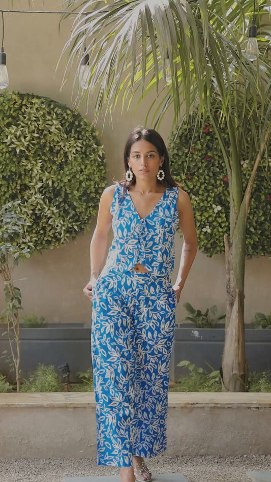 Blue & White Leaf Print Slub Cotton Co-ord Set