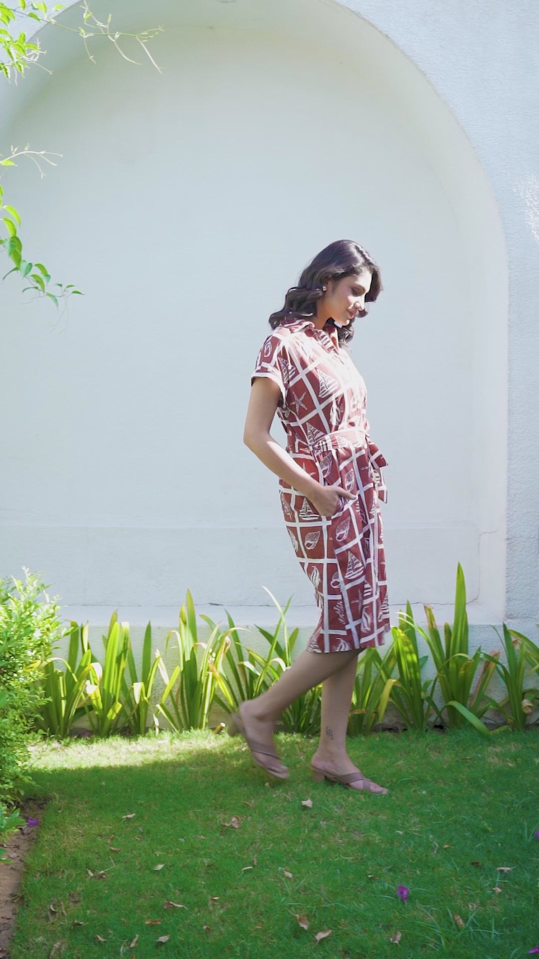 Brown Beach Print Cotton Dress